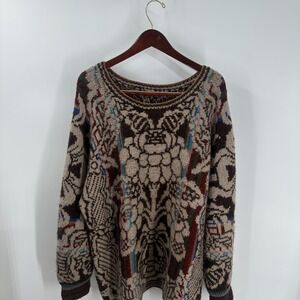 Vintage 90s Winterwear Tapestry Knitted Boat Neck Pullover Jumper Sweater Brown